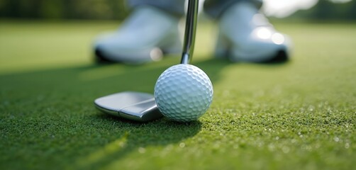 Golfer prepares to hit white golf ball with putter on green course. White athletic shoes, pants visible. Scene captures precision, focus, leisure sport activity. Beautiful sunny day on putting green.