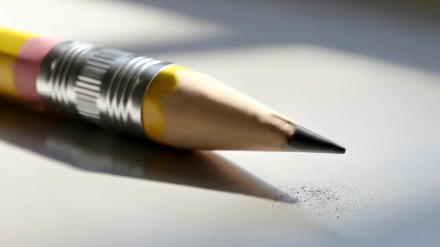 Close-up of a sharpened yellow pencil resting on a smooth surface with graphite shavings nearby