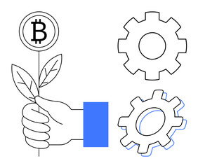 Hand holding a sprouting plant with a Bitcoin representing growth and investment paired with two large gears symbolizing technology and productivity. Ideal for finance, technology, cryptocurrency