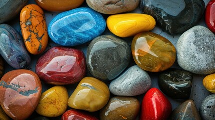 A collection of smooth, colorful pebbles in various shapes and sizes. The stones display shades of blue, yellow, red, and brown, creating a vibrant natural mosaic.