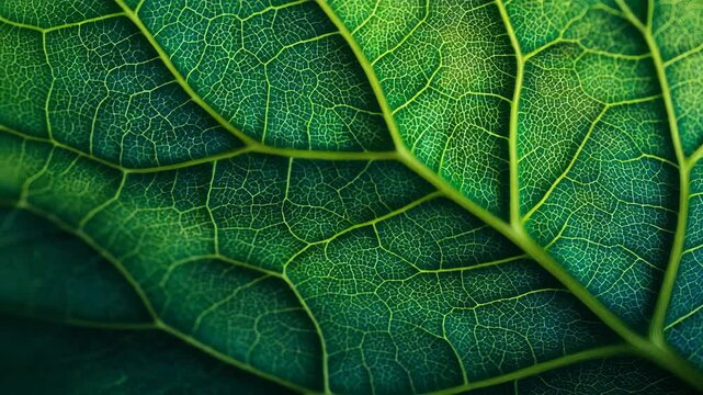 Detailed macro photograph of a leaf reveals complex vein networks and lush green hues. The image emphasizes natural beauty, organic design, and environmental inspiration