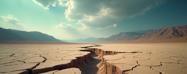Dramatic photo of earthquake aftermath. Dry cracked earth splits across frame. Distant mountains under sky with clouds. Landscape represents natural disaster devastation geologic event.