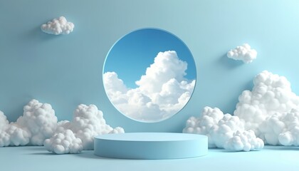 Abstract scene with podium and clouds. Sky shows in background through circular window. Round stage for product display in light pastel blue studio. Modern design for kids products presentation.