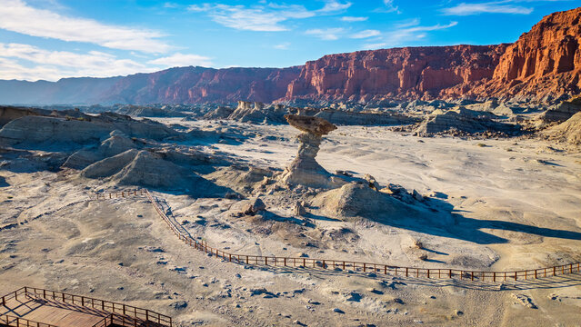 Aerial view of El Hongo rock formation in Valle de la Luna provincial park, San Juan, Argentina.