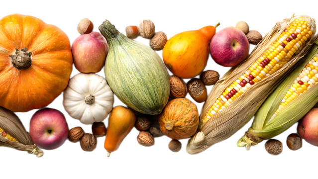 Autumn harvest display featuring pumpkins apples corn squash and various types of nuts arranged closely