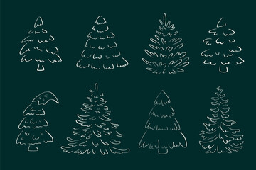 Obraz premium Outline Christmas tree doodle set for minimalist winter greeting cards and digital designs