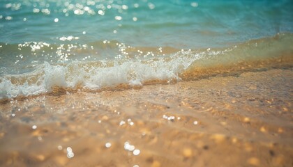 Gentle ocean waves wash onto sandy beach creating tranquil, sunlit scene. Clear water reflects sunlight, golden sand beneath surface. Peaceful coastal view evokes relaxation, natural beauty.