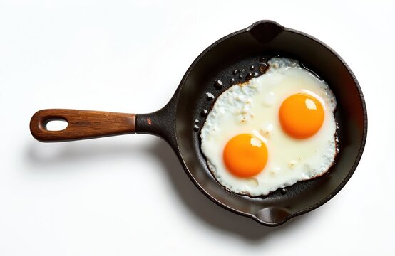 Two fried eggs sizzle in a black cast iron skillet. Sunny side up breakfast meal with bright yellow yolks. Healthy protein food cooked in pan. Simple dish isolated on clean white background.