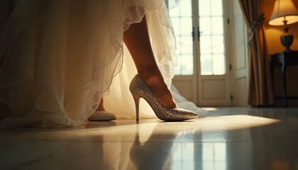 Bride puts on sparkly high heels before wedding ceremony. White wedding dress and bridal shoes ready for marriage celebration. Elegant woman prepares for her big day.