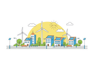 Naklejka premium A monochrome vector illustration depicts an eco-friendly city powered by alternative energy, featuring a modern, sustainable townscape with ecological infrastructure and solar panels