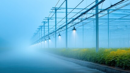 Serene Greenhouse Landscape with Soft Mist, Illuminated Rows of Plants Under Blue Sky at Dawn, Tranquil Atmosphere of Nature and Agriculture