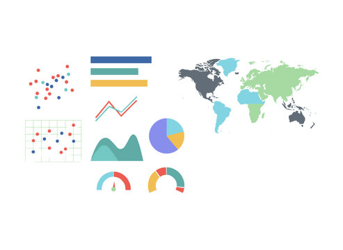 A collection of charts, diagrams, schemes, graphs, and plots of various types, visualizing statistical and financial data, presented as modern vector illustrations for business presentations and