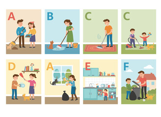 Fototapeta premium Joyful parents and children tidying rooms and windows, a family working together on spring cleaning, depicted as a series of isolated scenes on a white background in flat cartoon vector style