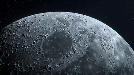 Close up view of the textured surface of the moon with numerous craters against a dark starry sky lunar