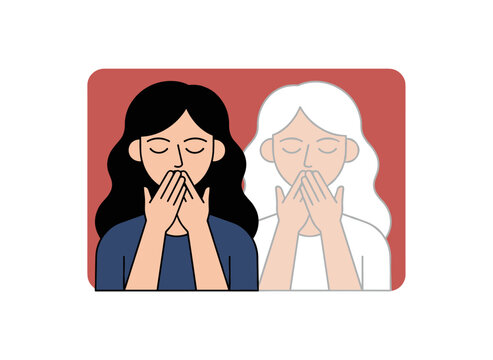 A sorrowful young woman lowers her head while her ethereal twin stands behind her, shielding her eyes with hands, illustrating themes of self‑deception, denial of reality, and rationalization in a