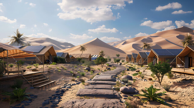 Desert glamping resort with solar panels and palm trees under blue sky tents cabins - Powered by Adobe