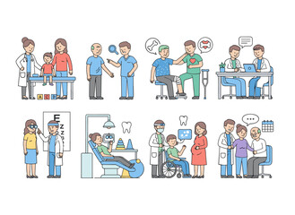 A collection of charming child doctor visit vector illustrations, featuring diverse kids and parents in a white background during a physician consultation, with friendly medical staff assisting boys