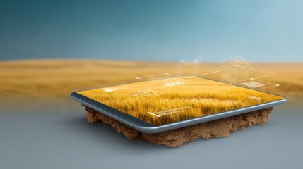 Digital Tablet Floating Above Golden Wheat Field with Futuristic Interface Elements and Nature Background, Showcasing Technology and Agriculture Connection