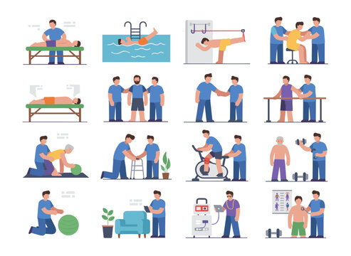 Pregnant women get ready for delivery in hospitals with obstetricians or at home with a partner or doula, depicted in a flat vector illustration of various birthing positions on a white background