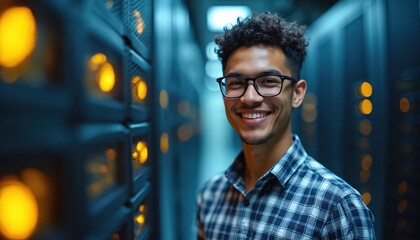 Smiling tech specialist in server room looks into the camera. Young man with glasses stands near servers in a data center. IT expert in plaid shirt at work.