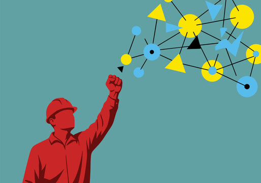 Innovative construction concept with geometric network and worker in bold colors