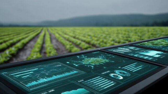 Advanced Digital Agricultural Technology with Data Analytics Displayed Over Fresh Green Crop Fields in a Scenic Rural Landscape