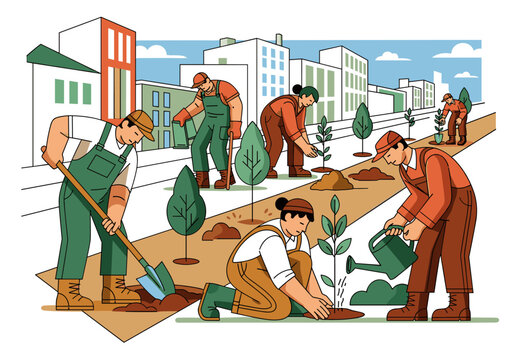 Urban greening initiative: community volunteers planting trees in vibrant city landscape