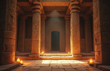 Ancient Egyptian temple interior with stone pillars, hieroglyphics. Candles light entrance to dark doorway. Historical architecture, symbolic carvings. Mystical atmosphere with warm glow. Old stone