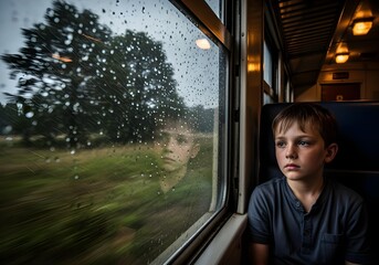 Boy Watching Storm Through Train Window
