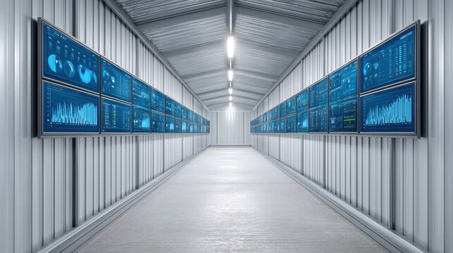 Modern Data Center Interior with Digital Screens Displaying Graphs, Charts, and Data Analyses in a High-Tech Setting - Powered by Adobe