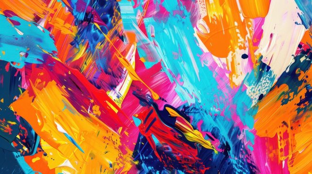 Abstract painting with vibrant colors including blue, orange, pink, and yellow. Bold brush strokes create a dynamic and energetic composition.