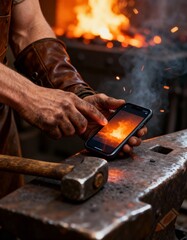 Modern Blacksmith Using Smartphone by the Forge