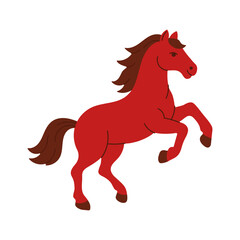 A cartoon horse is standing on its hind legs and looking up. The horse is red and white