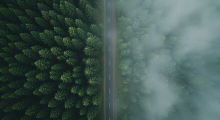 Aerial view of asphalt road through dense green forest and fog