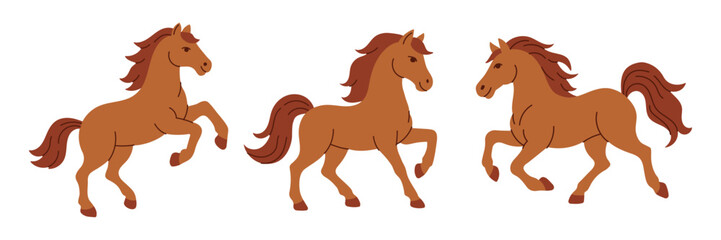 Three horses are shown in a row, each with a different pose