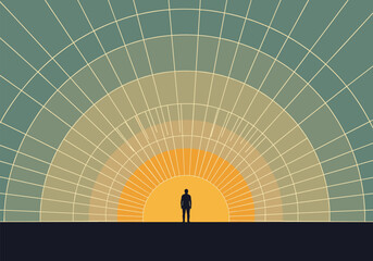 Abstract geometric sunrise with silhouette of a man in retro color scheme