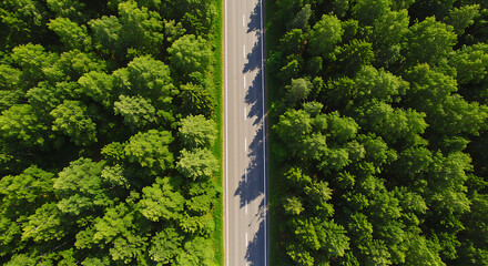 Aerial view of asphalt road through dense green forest