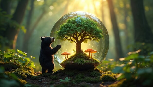 Black bear cub touches glass globe with tree inside. Magic forest with mushroom and light. Ecology environment protection concept. Harmony wildlife sustainability. Green natural background art design.
