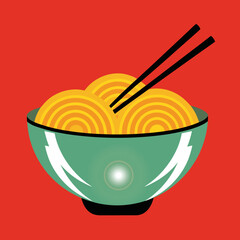 Stylized bowl of ramen noodles with chopsticks on a vibrant red background