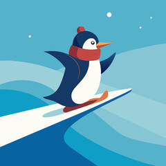 Cute penguin surfing on a white wave under a blue sky