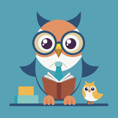 Wise owl teacher reading a book to a small chick on a shelf