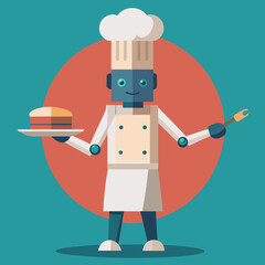 Friendly robot chef presents a delicious cake with a serving utensil