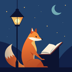 Clever fox reads a book under a lamp post at night