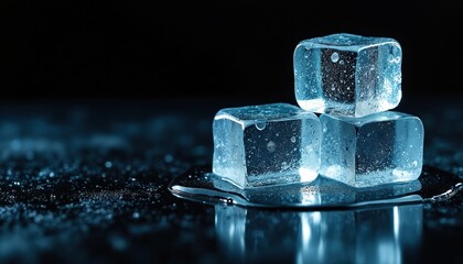 Close up photo shows transparent melting ice cubes on dark surface. Cubes are stacked on each other with water drops. Black background reflects water.