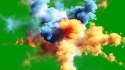 Vibrant and dynamic colorful smoke explosion on a green screen background creating a dramatic and energetic visual effect for various creative projects and compositing needs.