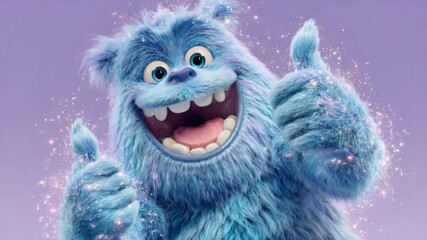 Funny cartoon blue monster with hairy fur gives thumbs up in happy, winking, and smiling expressions for joyful animation - Powered by Adobe