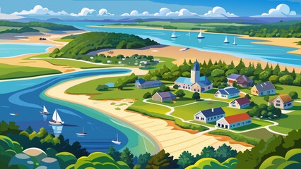 Very beautiful aerial view of Lewis Pond and Seagull Beach in West Yarmouth, Cape Cod, Massachusetts, USA, featuring calm waters, sandy shoreline, coastal greenery, and a realistic scenic seaside land