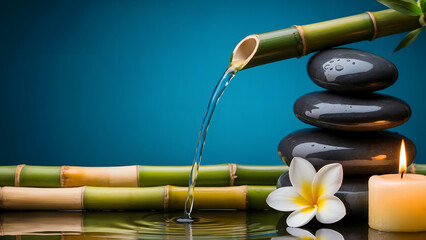 Zen spa composition with bamboo water fountain pouring into calm pool, white plumeria flower and glowing candle on turquoise blue background, relaxation wellness meditation concept