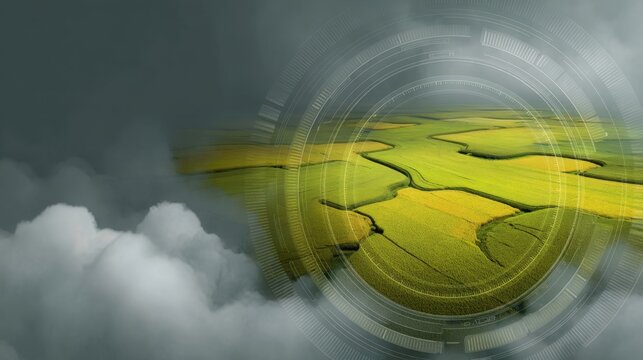 Aerial View of Abstract Agricultural Landscape with Green Fields and Cloudy Sky, Representing Nature and Technology Integration in Farming Practices