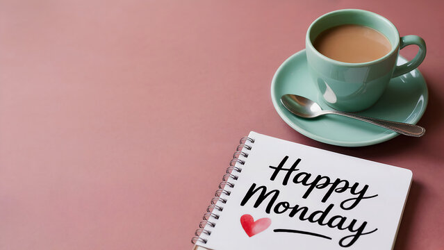 Happy Monday handwritten message with red heart on spiral notebook next to mint green coffee cup and saucer with spoon on soft pink background, motivational morning routine workspace concept